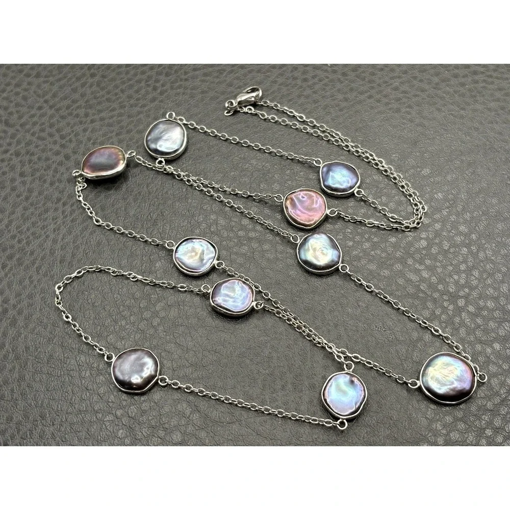 Sterling Silver Iridescent Peacock Coin Pearl Station Necklace 35
